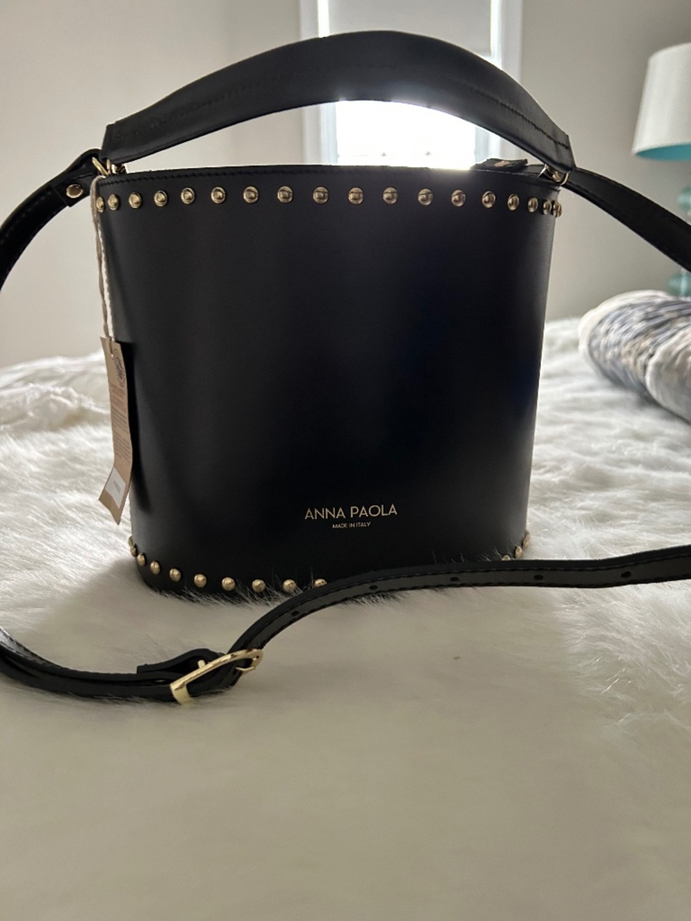 Anna Paola NWT Black Leather Studded Bucket Bag 2 Straps Made In Italy